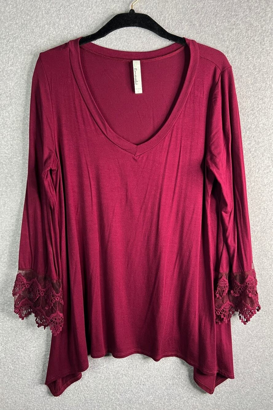 Emerald Lace Sleeve Tunic Top Womens L Burgundy Rayon Spandex V Neck USA